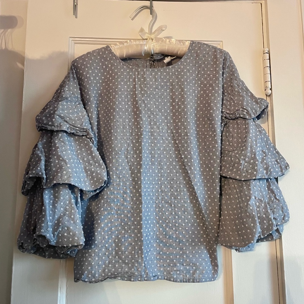 Polka Dot Ruffle Sleeve Top - Blue